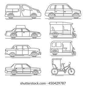 line flat vector icon set of modern world taxi cars and vehicles with yellow cab, hackney carriage, tuk-tuk, velotaxi, baby taxi auto rickshaw. 