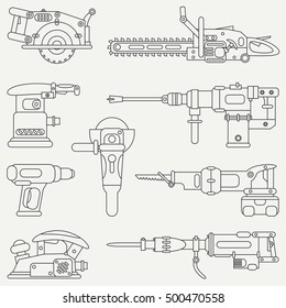 Line flat vector icon set with building electrical tools. Construction and repair work. Powerful industrial instrument. Cartoon style. Vector illustration , element for your design. Engineering. Work.