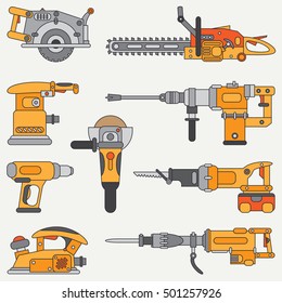 Line flat vector icon set with building electrical tools. Construction and repair work. Powerful industrial instrument. Cartoon style. Vector illustration , element for your design. Engineering. Work.