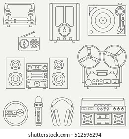 Line flat vector icon set with retro electrical audio devices. Analog broadcast. Music fan. Cartoon style. Nostalgia musical equipment. Vector illustration , element for your design. Communication.