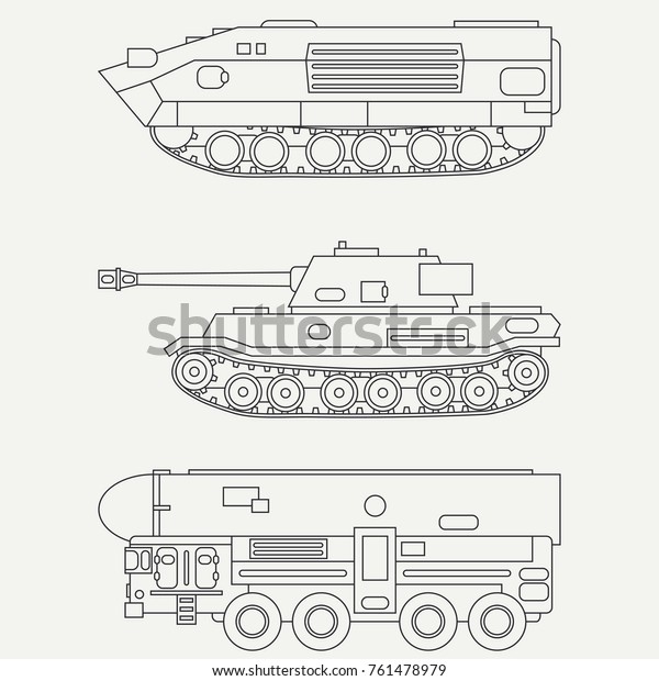 Line flat vector icon set infantry assault army\
tank. Military vehicle. Cartoon vintage style. Soldiers. Armored\
shell. Corps. Weaponry. Tow tractor unit. Simple. Illustration,\
element for design.