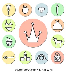 Line flat vector icons on fantasy and fairytale theme