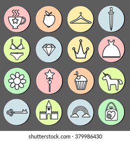 Line flat vector icons on fantasy and fairytale theme