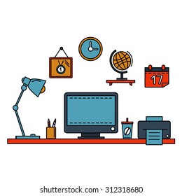 Line flat vector illustration workspace with desktop computer, work place, equipment in office interior