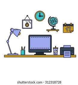 Line flat vector illustration workspace with desktop computer, work place, equipment in office interior
