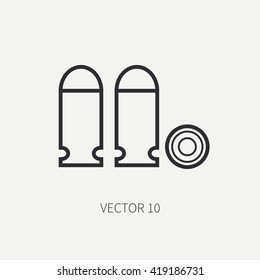 Line flat vector military icon - ammunition , ammo. Army equipment and weapons. Cartoon style. Vector illustration. Military and war icons. Infographic design elements for design.