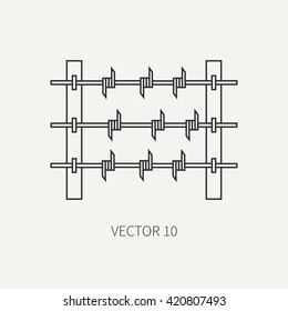 Line flat vector military icon - barbed wire. Army equipment and weapons. Cartoon style. Vector illustration. Military and war icons. Infographic design elements for design.