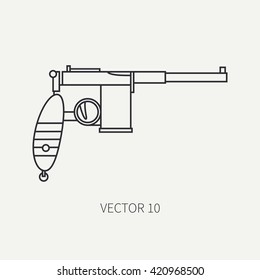 Line flat vector military icon - pistol. Army equipment and weapons. Cartoon style. Vector illustration. Military and war icons. Infographic design elements for design.