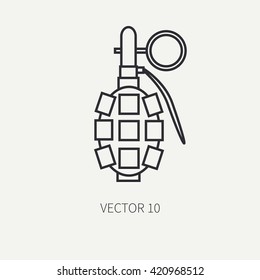 Line flat vector military icon - hand grenade. Army equipment and weapons. Cartoon style. Vector illustration. Military and war icons. Infographic design elements for design.