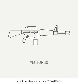 Line flat vector military icon - machine gun. Army equipment and weapons. Cartoon style. Vector illustration. Military and war icons. Infographic design elements for design.