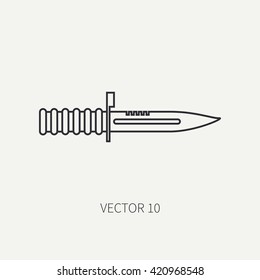 Line flat vector military icon - bayonet knife. Army equipment and weapons. Cartoon style. Vector illustration. Military and war icons. Infographic design elements for design.