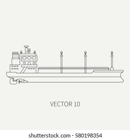 Line flat vector retro icon container cargo ship. Merchant fleet. Cartoon vintage style. Ocean. Sea. Port. Barge. Comercial. Transportation. Captain. Sail. Simple Illustration and element for design