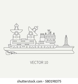 Line flat vector retro icon scientific ship. Research fleet. Cartoon style. Sonar. Telemetry. Ocean. Industrial. Captain. Reconnaissance mineral resources. Illustration and element for your design.