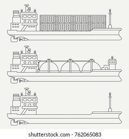 Line flat vector retro icon set container cargo ship. Merchant fleet. Cartoon vintage style. Sea tanker. Barge. Comercial. Transportation. Captain. Sail. Simple. Oil. Illustration element for design