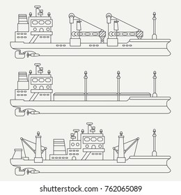 Line flat vector retro icon set container cargo ship. Merchant fleet. Cartoon vintage style. Sea tanker. Barge. Comercial. Transportation. Captain. Sail. Simple. Oil. Illustration element for design