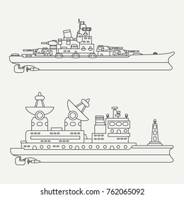 Line flat vector retro icon set naval battle and research ship. Dreadnought. Cartoon vintage style. War. Navy. Ocean sonar. Scientific. Squadron. Captain. Simple. Illustration, element for your design