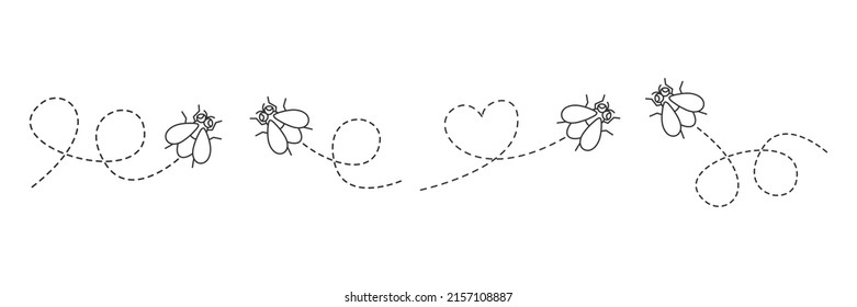Line flies icon set. Housefly insects flying on dotted route. Vector isolated on white background.