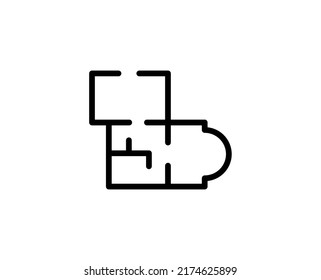 Line floor plan icon isolated on white background. Outline symbol for website design, mobile application, ui. floor plan pictogram. Vector illustration, editorial stroсk. 