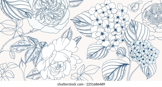 Line floral background and screen wallpaper with rose and hydrangea