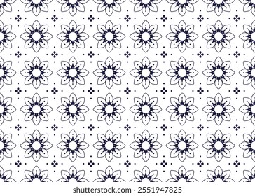 line floral blooming dark blue on White background, ethnic fabric seamless pattern, design for cloth, carpet, batik, wallpaper, wrapping etc.