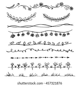 Blütengrenzen, Lorbeeren und Textteiler. Doodle-Set - Rahmen für Strauß und Garland.Vektorskizze