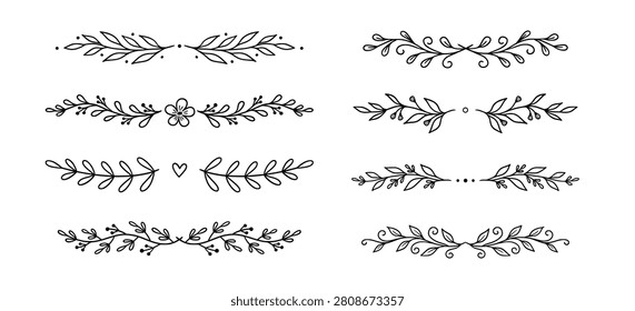 Line floral leaf ornament set. Hand drawn line floral leaf border vine doodle frame flower decor. Laurel olive divider flourish wreath botanical wedding garden vintage. Vector illustration