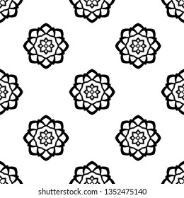 Line floral pattern geometric background seamless abstract flower shapes minimalist fashion fabric print. Ornamental style linear doodle motif casual repeating textile tile design, black, white color.