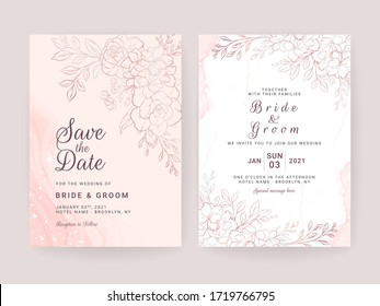 Line floral wedding invitation card template set with pastel watercolor. Abstract background save the date, invitation, greeting card, multi-purpose vector