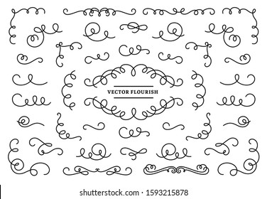 Line flourish ornament swirls. Vintage swirl lines, ornamental flourishes devider and retro frame corner vector set. Linear border design elements collection. Ornate curves isolated on white