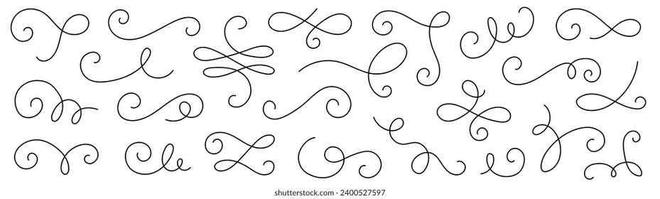 Line flourish swirl vector calligraphy ornament elements. Fancy line flourish text typography accent, filigree modern curve ornament. Curl elegant vintage simple design elements. Vector illustration