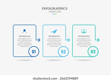 Infografía de flujo de línea. Gráfico de hito de línea de tiempo cuadrada de 3 pasos, concepto de Anuncio de presentación. Infografía de flujo de trabajo de opciones de Vector