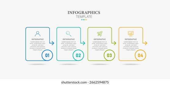 Infografía de flujo de línea. Gráfico de hito de línea de tiempo cuadrada de 4 pasos, concepto de Anuncio de presentación. Infografía de flujo de trabajo de opciones de Vector