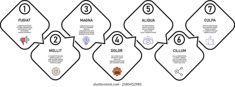  Line flow infographic. 7 steps square timeline milestone graphic, presentation banner concept. seven options workflow infographic