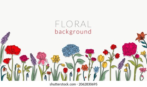 Line flower background. Abstract continuous line invitation frame with minimalistic botanical graphic collection. Vector horizontal banner with flowers