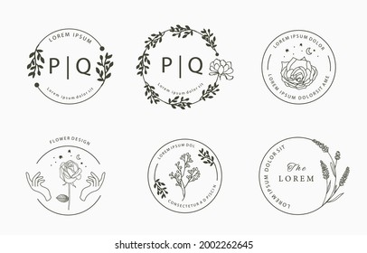 Line flower logo collection with rose, lavender, magnolia in circle shape