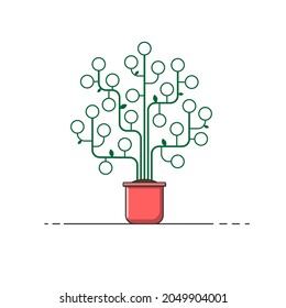 Line flower pot with bush or tree with rounded corners. Fruits in the form of circles for icons or photographs with few leaves. Vector illustration.