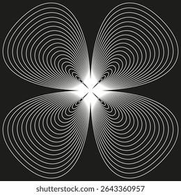 Line flower shape. Bright contour bloom. Abstract vector symmetry. Black background form.