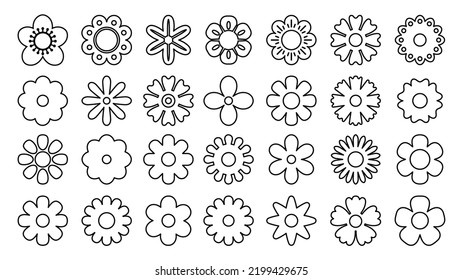 Símbolos de flor de línea. Sencillos símbolos abstractos geométricos de margarita y camomila, diferentes formas del logotipo de las flores. Conjunto de elementos decorativos del contorno delgado del vector. Plantas naturales variadas con pétalos