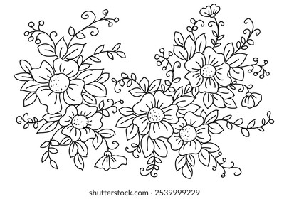 Flores de linha. Convite de decoração floral de desenho de arte. Mão de tinta preta desenhada sobre fundo branco. Imagem de coloração de estilo botânico. Ilustração de vetor de impressão de moda de casamento