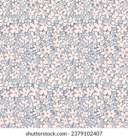 Line flowers blue on beige background vector seamless pattern. Design for decoration, wall decor, wallpaper, cover, banner, poster, card.