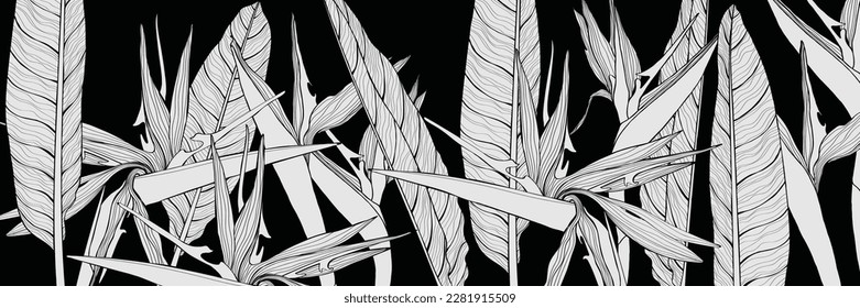 Line flowers, buds and leaves, strelitzia on a black background. Floral pattern illustration. Repeating design template for fabric.