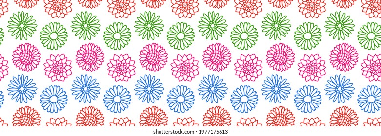 Line flowers. Floral seamless pattern. Doodle vector set. Hand drawn sketch. Chamomile, sunflower, aster, lotus and gerbera. Types of flowers