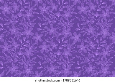 Line flowers on purple color background seamless pattern for fabric textile wallpaper.