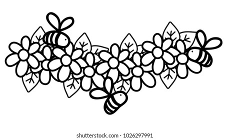line flowers with petals and bees insects flying