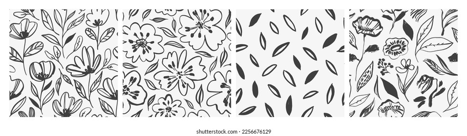 Line flowers seamless pattern collection. Hand drawn black and white backgrounds with poppies, wild flowers, leaves. Modern vector ornament with botanical elements. Childish style of drawing. 