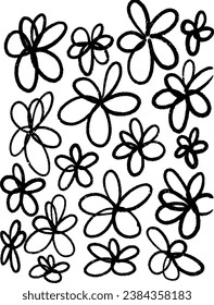 Line flowers Spring Summer Vector Isolated Playful Free Soft Ink Graphic Strokes Black White Folk Childish Watercolor Crayon Chalk Charcoal Boho Hippy Naive Monochrome  Curve Straight Pen Pencil 