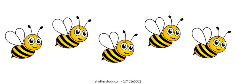 Line of flying cute bees vector illustration isolated on white