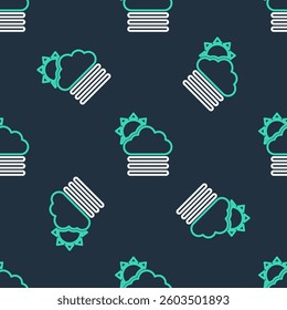 Line Fog and cloud with sun icon isolated seamless pattern on black background.  Vector