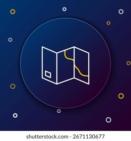 Línea Icono de mapa plegado aislado sobre fondo azul. Concepto de contorno colorido. Vector