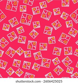 Line Folded map with location marker icon isolated seamless pattern on red background.  Vector
